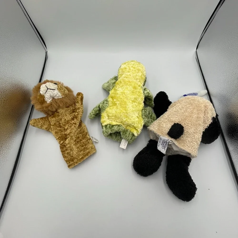 Lot of 3 Animal Hand Puppets Furry Plush Lion Panda Frog, Woods Forest Mountains